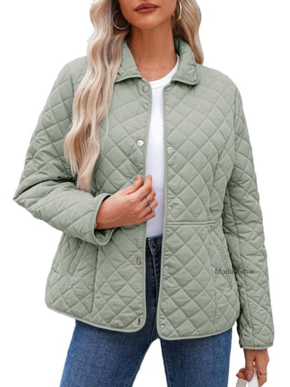 Women's Quilted Snap Front Puffer Jacket Long Sleeve Winter Coat with Pockets